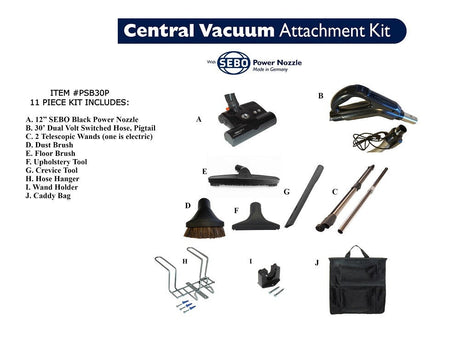 Avon Vacuums 30' pigtail central vacuum attachment kit with 12" SEBO ET-1 power nozzle (black) — full 11-piece kit contents | Avon Vacuums CT
