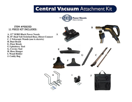 Avon Vacuums 35' direct connect central vacuum attachment kit with 12" SEBO ET-1 power nozzle (black) — full 11-piece kit contents | Avon Vacuums CT
