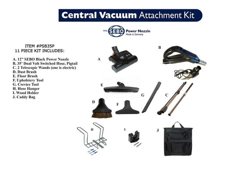 Avon Vacuums 35' pigtail central vacuum attachment kit with 12" SEBO ET-1 power nozzle (black) — full 11-piece kit contents | Avon Vacuums CT
