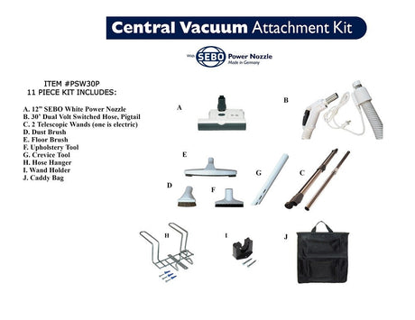 Avon Vacuums 30' pigtail central vacuum attachment kit with 12" SEBO ET-1 power nozzle (white) — full 11-piece kit contents | Avon Vacuums CT