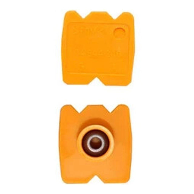 Orange Miele bearing end-cap plates shown from the rear and circular-bearing sides