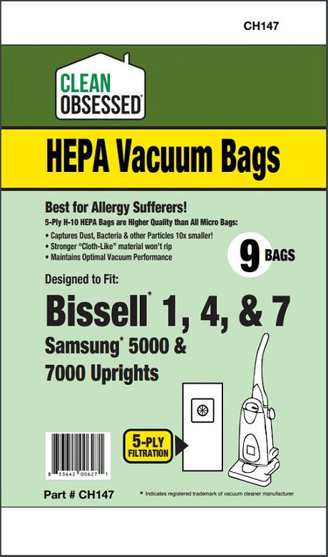 Clean Obsessed Bissell Style 1, 4 and 7 HEPA vacuum bags, 9 pack, SKU CH147