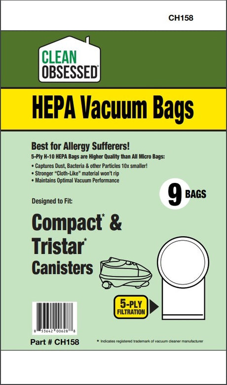Clean Obsessed Compact/Tristar HEPA Bags, 9 Pack, SKU CH158