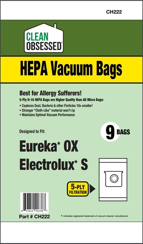 Clean Obsessed Eureka OX/Electrolux S HEPA Bags, 9 Pack, SKU CH222
