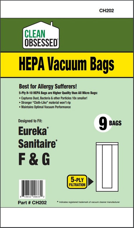 Clean Obsessed Eureka/Sanitaire Type F&G HEPA Bags, 9 Pack, SKU CH202