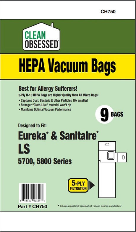 Clean Obsessed Eureka/Sanitaire Type LS HEPA Bags, 9 Pack, SKU CH750