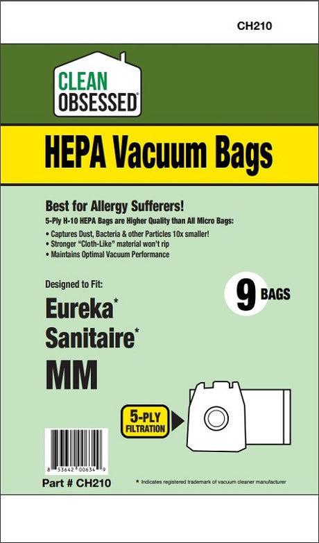 Clean Obsessed Eureka/Sanitaire Type MM HEPA Bags, 9 Pack, SKU CH210