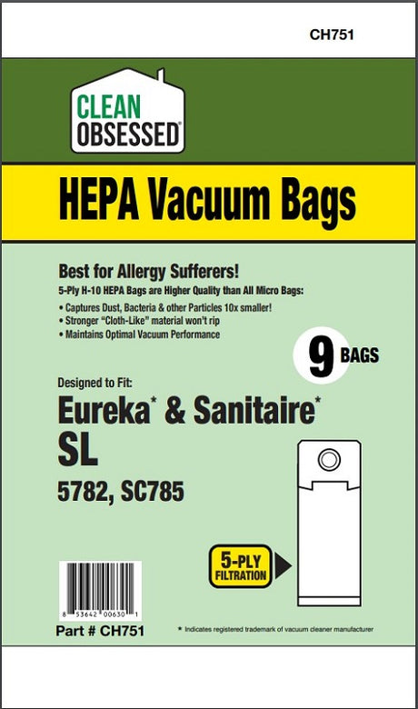 Clean Obsessed Eureka/Sanitaire Type SL HEPA Bags, 9 Pack, SKU CH751