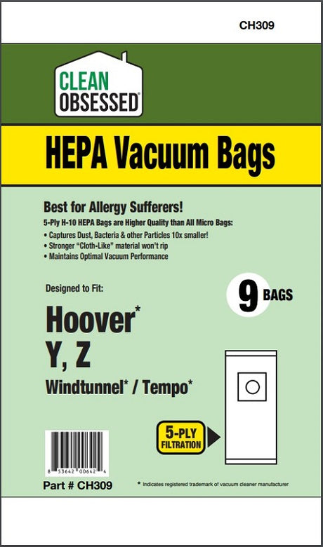 Clean Obsessed Hoover Type Y HEPA Bags, 9 Pack, SKU CH309