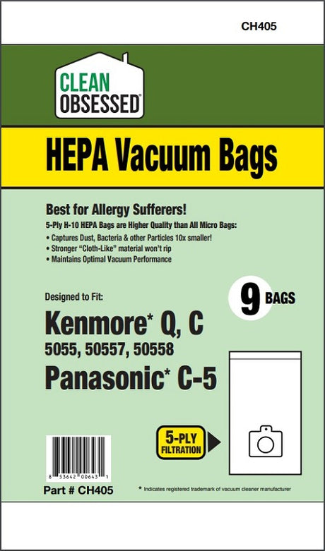 Clean Obsessed Kenmore/Panasonic Type C/Q HEPA Bags, 9 Pack, SKU CH405