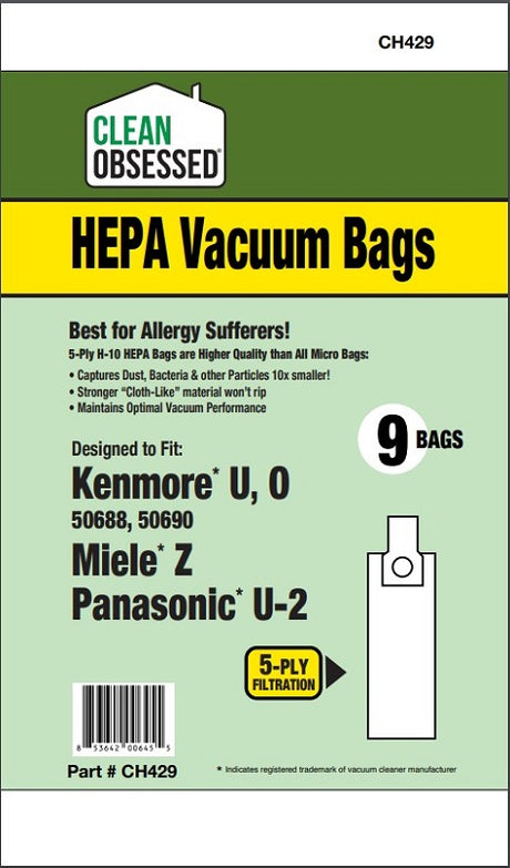 Clean Obsessed Kenmore Type U/O HEPA Bags, 9 Pack, SKU CH429