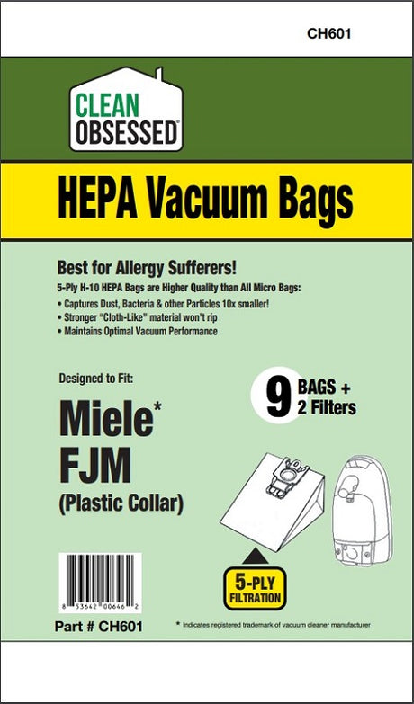 Clean Obsessed Miele FJM HEPA Bags + 2 Filters, 9 Pack, SKU CH601