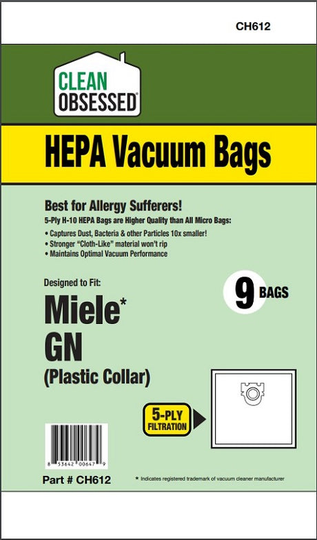 Clean Obsessed Miele GN HEPA Bags, 9 Pack, SKU CH612