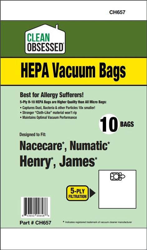 Clean Obsessed NaceCare/Numatic Henry and James HEPA Bags, 10 Pack, SKU CH657