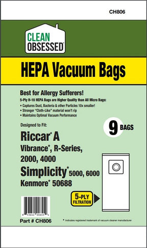 Clean Obsessed Riccar/Simplicity Type A HEPA Bags, 9 Pack, SKU CH806