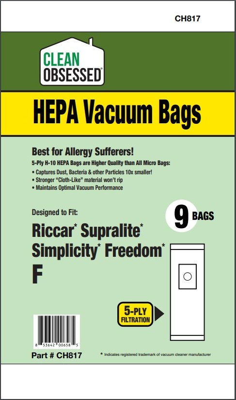Clean Obsessed Riccar/Simplicity Type F HEPA Bags, 9 Pack, SKU CH817