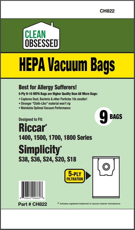 Clean Obsessed Riccar/Simplicity Type H Canister HEPA Bags product photo from Avon Vacuums