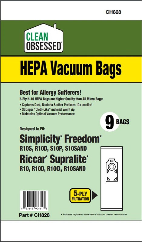 Clean Obsessed Riccar/Simplicity Type L HEPA Bags, 9 Pack, SKU CH828