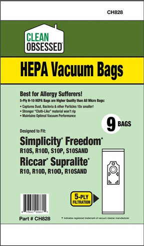 Clean Obsessed Riccar/Simplicity Type L HEPA Bags, 9 Pack, SKU CH828