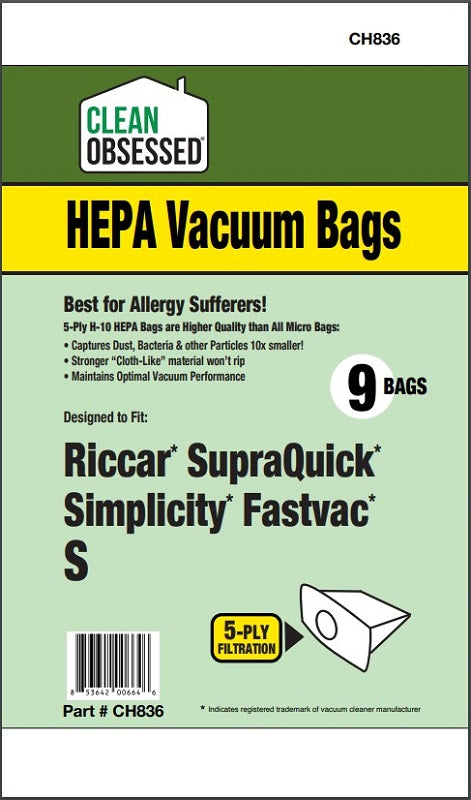 Clean Obsessed Riccar/Simplicity Type S HEPA Bags product photo from Avon Vacuums