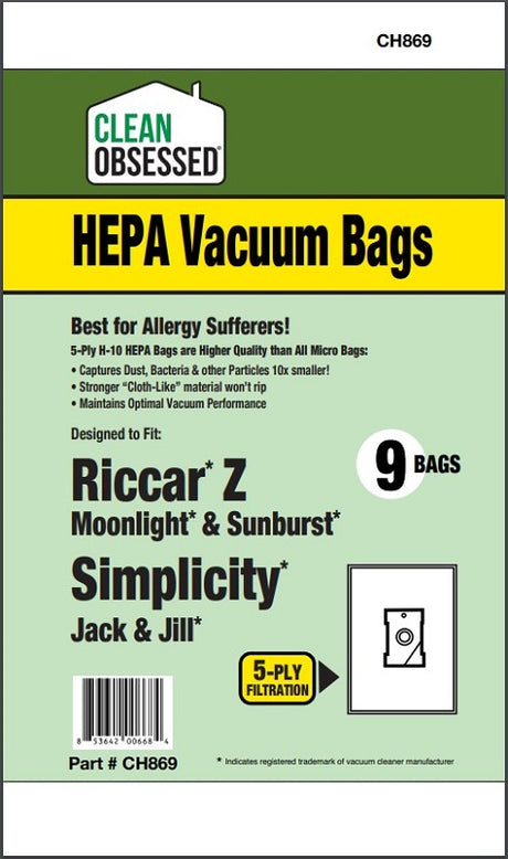 Clean Obsessed Riccar/Simplicity Type Z HEPA Bags product photo from Avon Vacuums