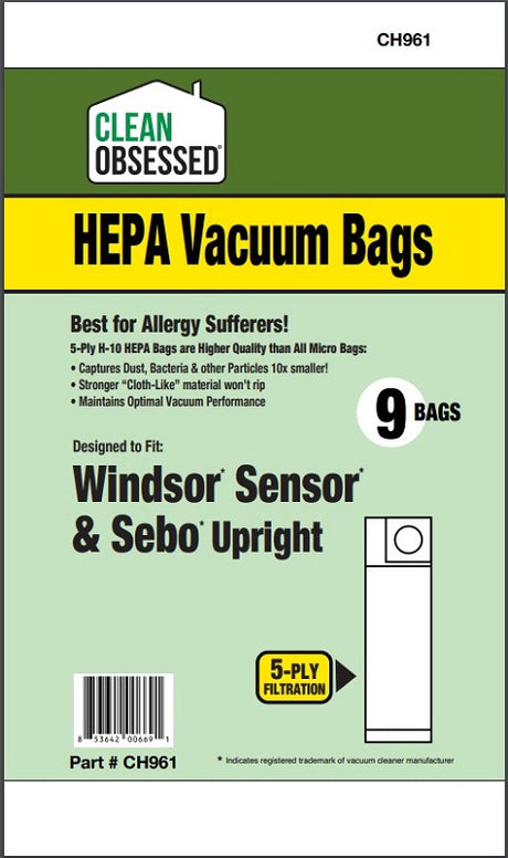 Clean Obsessed Windsor Sensor/SEBO X HEPA Bags product photo from Avon Vacuums