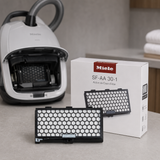 Genuine Miele SF-AA 30-1 Active AirClean Charcoal Filter shown in a realistic home or maintenance setting