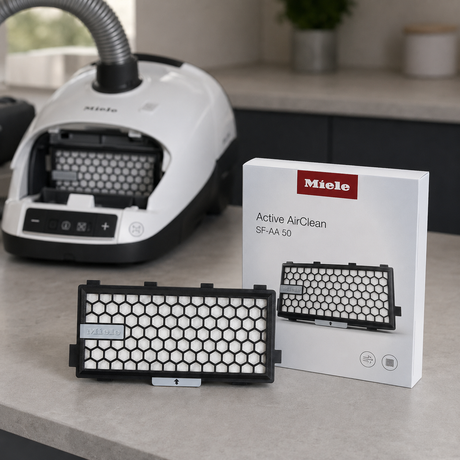 Genuine Miele SF-AA 50 Active AirClean Charcoal Filter shown in a realistic home or maintenance setting
