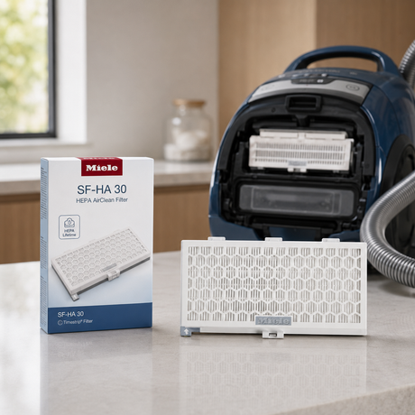 Genuine Miele SF-HA 30 HEPA AirClean Filter shown in a realistic home or maintenance setting