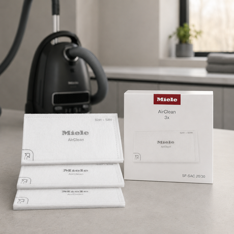 Genuine Miele SF-SAC 20/30 AirClean Filter | 3-Pack shown in a realistic home or maintenance setting