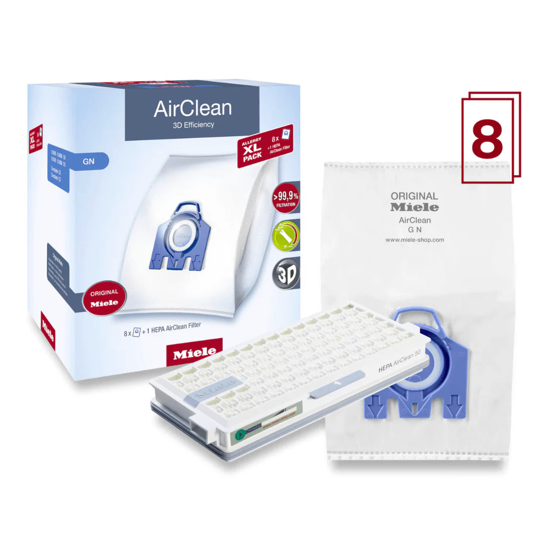 Miele XL-Pack AirClean 3D GN Allergy Bags: 8 Bags + SF-HA50 HEPA Filter - Avon Vacuums