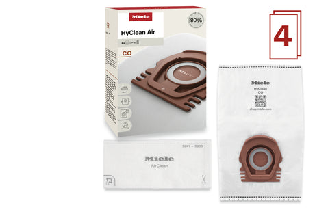 Miele HyClean Air CO FilterBags 4-pack contents with motor filter and bag