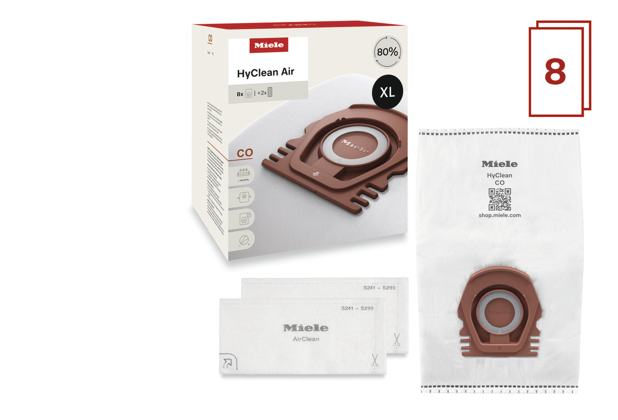 Miele HyClean Air CO XL Pack contents 8 bags 2 motor filters for Guard M1