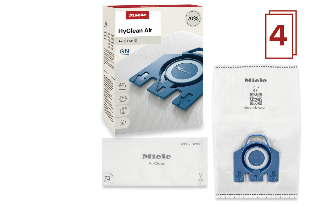 Miele HyClean Air GN FilterBags 4-pack contents with motor filter and bag