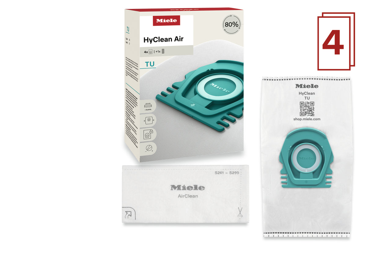 Miele HyClean Air TU FilterBags 4-pack contents with motor filter and bag