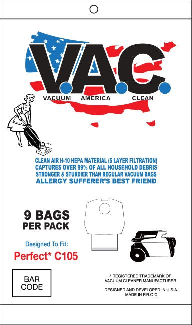 Perfect C105/Clean Obsessed CO711 H-10 HEPA Bags, 9 Pack, SKU VAC4