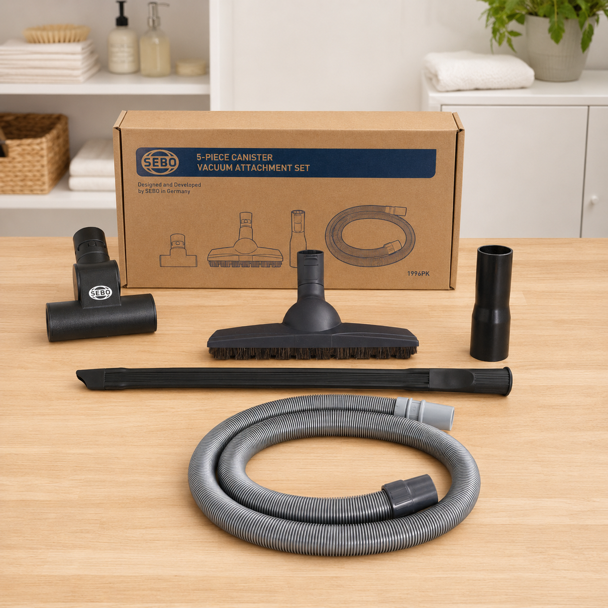 SEBO 5-Piece Canister Vacuum Attachment Set (1996PK) | D4, E3, K3 Bundle displayed in a professional vacuum-care setting