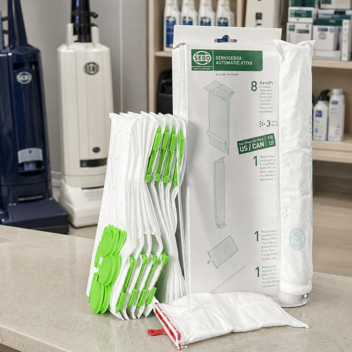 SEBO Automatic X7/X8 Service Box (51828AM) | 8 Bags, Filters & Sealing Strip displayed in a professional vacuum-care setting
