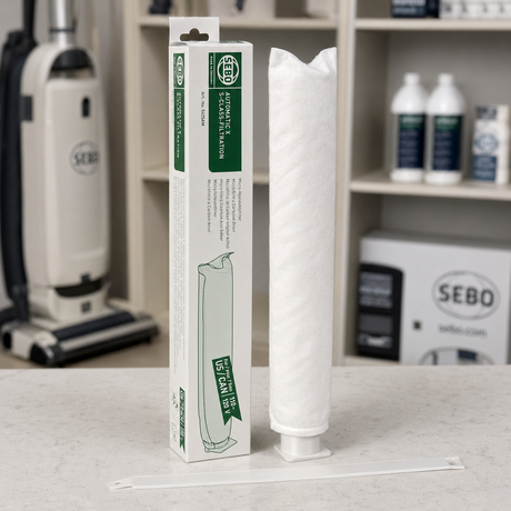 SEBO Anti-Odor Microfilter for X, G, and 300/350 Series (5425AM) displayed in a professional vacuum-care setting