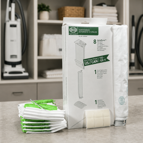 SEBO Automatic X-Series Service Box (5828AM) | 8 Bags, Filters & Sealing Strip displayed in a professional vacuum-care setting