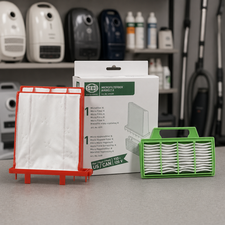 SEBO Airbelt K-Series Microfilter Box (6191AM) | Genuine Filter Replacement displayed in a professional vacuum-care setting