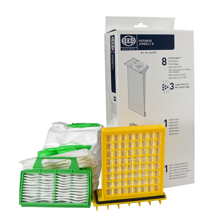 SEBO 6431ER AIRBELT K HEPA service box with bags, yellow HEPA filter and green exhaust filter