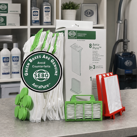 SEBO Airbelt K-Series Service Box (6695AM) | 8 Bags & Filter Set displayed in a professional vacuum-care setting