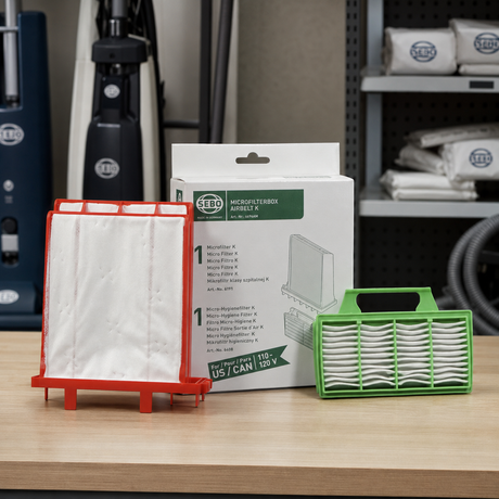 SEBO Airbelt K-Series Filter Set (6696AM) | Genuine Motor & Microfilter displayed in a professional vacuum-care setting