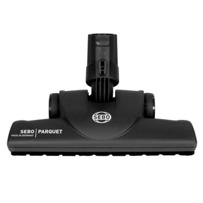 SEBO 7200AM Premium Parquet Floor Brush, gray and black, top view with swivel neck and end wheels