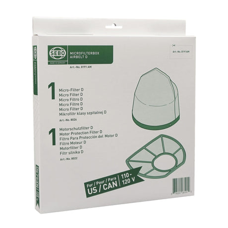 SEBO 8191AM Filter Set AIRBELT D - 1 pre-motor filter and 1 exhaust microfilter (Green Box Only)