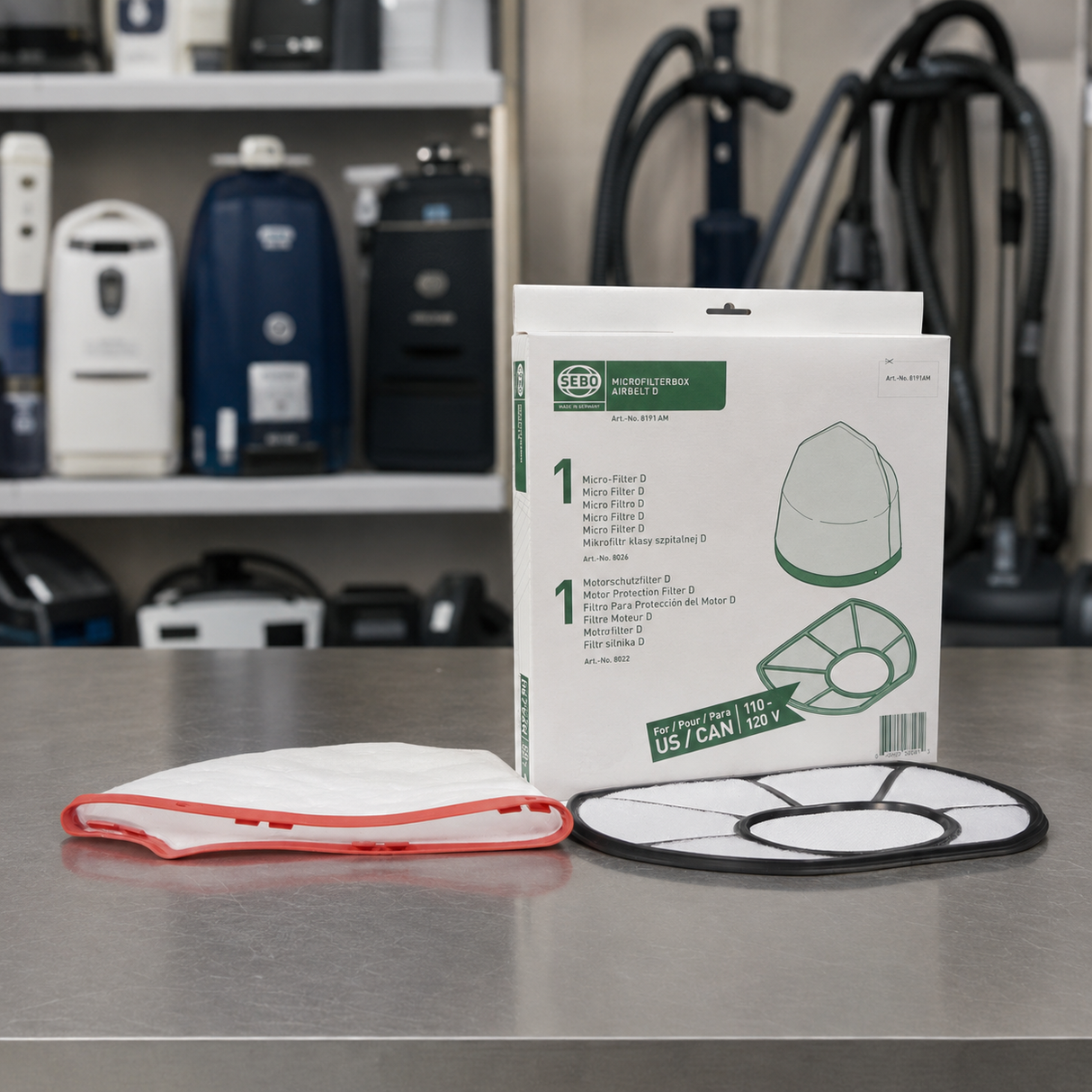 SEBO Airbelt D-Series Filter Set (8191AM) | Genuine Motor & Microfilter displayed in a professional vacuum-care setting