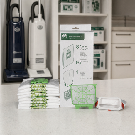 SEBO Airbelt E-Series Service Box (8334AM) | 8 Bags & Filter Set displayed in a professional vacuum-care setting