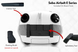 SEBO Airbelt E Series on-board tools — crevice tool, upholstery tool, dusting brush — labeled diagram from Avon Vacuums