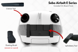 SEBO Airbelt E Series on-board tools — crevice tool, upholstery tool, dusting brush — labeled diagram from Avon Vacuums